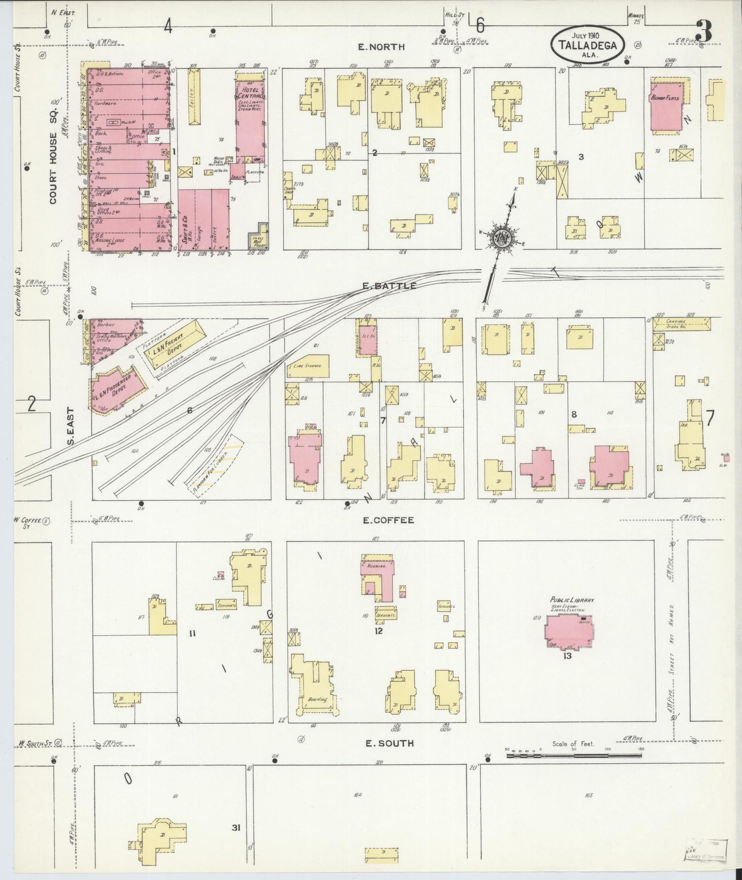 Sanborn Fire Insurance Map from Talladega, Talladega County, Alabama (1910), Sheet #0003 - Historic Sanborn Fire Insurance Map Print, vintage old map wall art, antique decor, genealogy gift, Alabama Alabama map