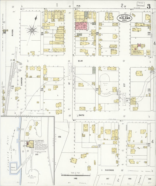 Sanborn Fire Insurance Map from Kalama, Cowlitz County, Washington (1908), Sheet #0003 - Historic Sanborn Fire Insurance Map Print, vintage old map wall art, antique decor, genealogy gift, Washington Washington map