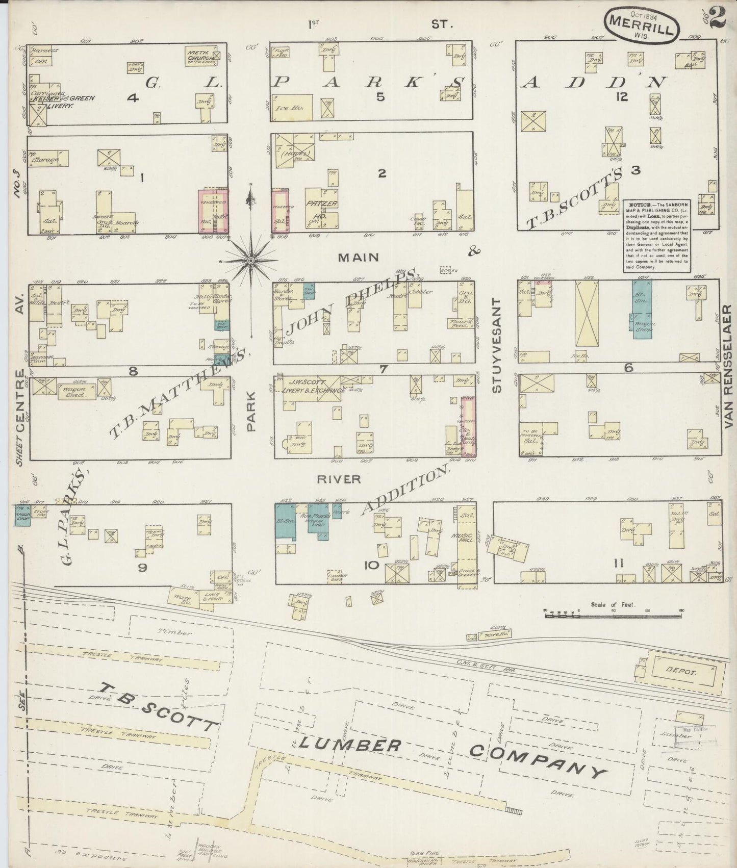 Sanborn Fire Insurance Map from Merrill, Lincoln County, Wisconsin (1884), Sheet #0002 - Complete Map Set gallery image, historic Sanborn map, vintage wall art, Wisconsin Wisconsin