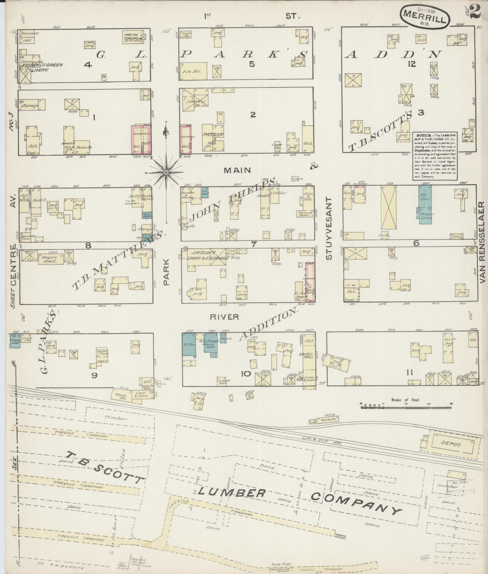 Sanborn Fire Insurance Map from Merrill, Lincoln County, Wisconsin (1884), Sheet #0002 - Complete Map Set gallery image, historic Sanborn map, vintage wall art, Wisconsin Wisconsin