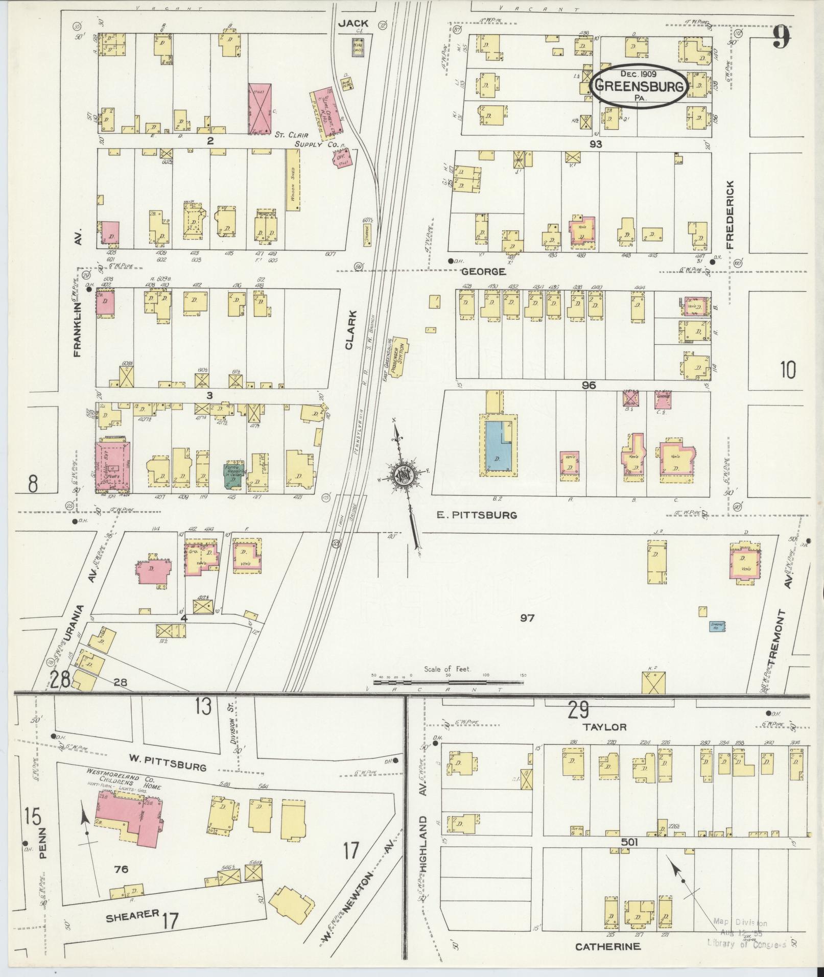 Sanborn Fire Insurance Map from Greensburg, Westmoreland County, Pennsylvania (1909), Sheet #0009 - Historic Sanborn Fire Insurance Map Print, vintage old map wall art, antique decor, genealogy gift, Pennsylvania Pennsylvania map