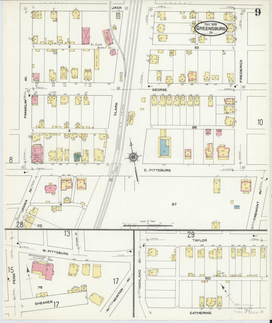 Sanborn Fire Insurance Map from Greensburg, Westmoreland County, Pennsylvania (1909), Sheet #0009 - Historic Sanborn Fire Insurance Map Print, vintage old map wall art, antique decor, genealogy gift, Pennsylvania Pennsylvania map