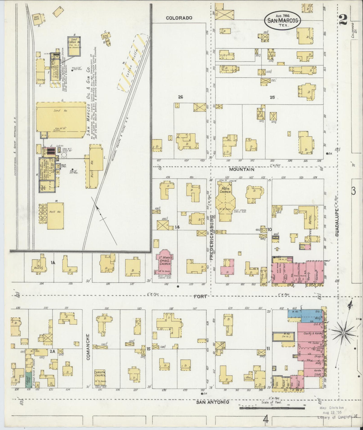 Sanborn Fire Insurance Map from San Marcos, Hays County, Texas (1906), Sheet #0002 - Complete Map Set gallery image, historic Sanborn map, vintage wall art, Texas Texas