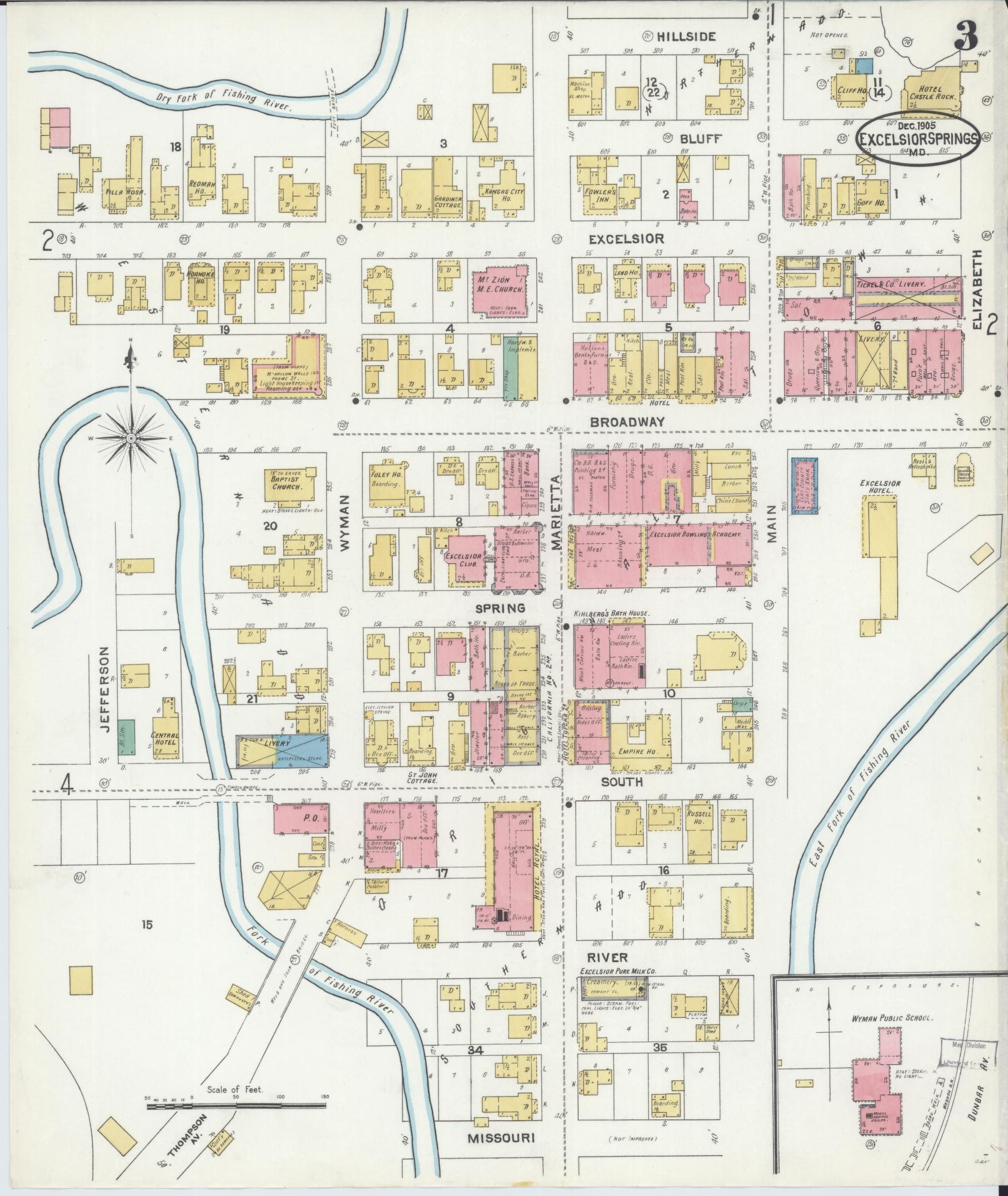 Sanborn Fire Insurance Map from Excelsior Springs, Clay County, Missouri (1905), Sheet #0003 - Complete Map Set gallery image, historic Sanborn map, vintage wall art, Missouri Missouri