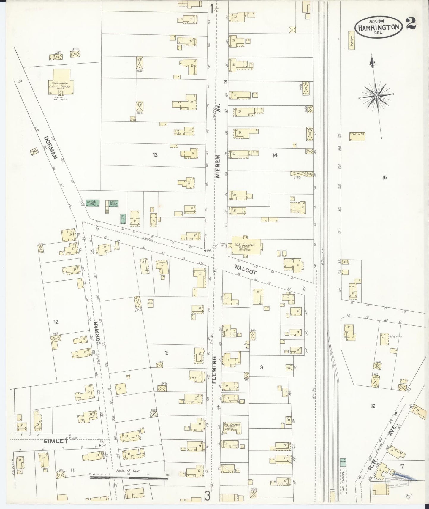 Sanborn Fire Insurance Map from Harrington, Kent County, Delaware (1904), Sheet #0002 - Historic Sanborn Fire Insurance Map Print, vintage old map wall art, antique decor, genealogy gift, Delaware Delaware map