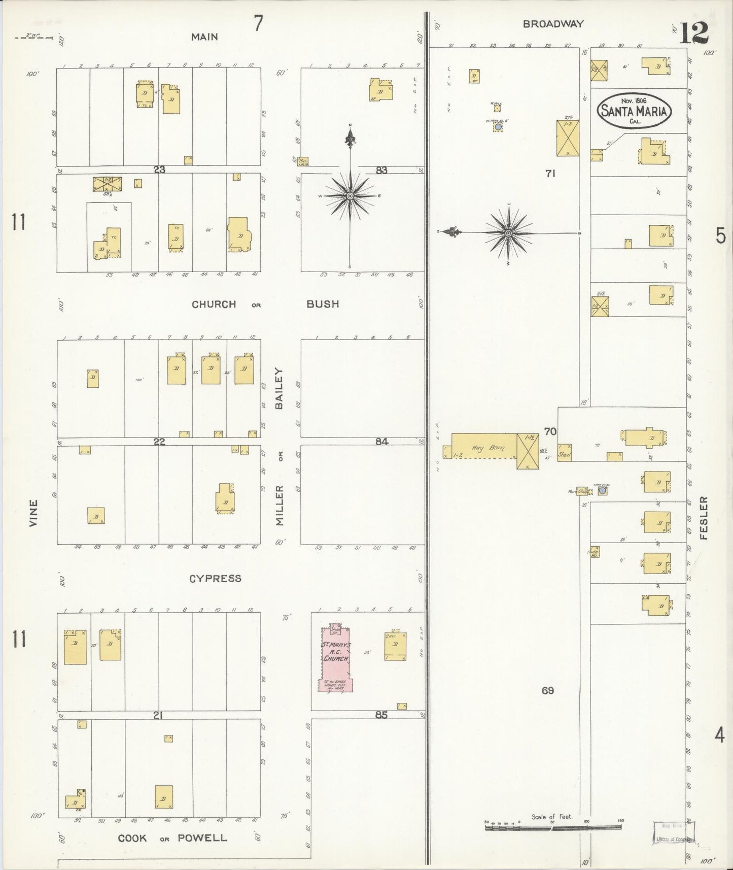 Sanborn Fire Insurance Map from Santa Maria, Santa Barbara County, California (1906), Sheet #0012 - Complete Map Set gallery image, historic Sanborn map, vintage wall art, California California