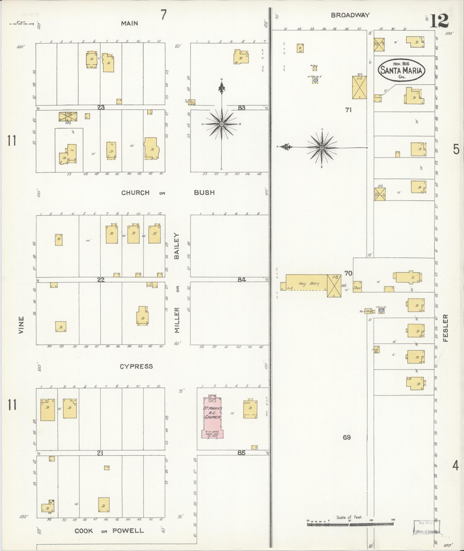 Sanborn Fire Insurance Map from Santa Maria, Santa Barbara County, California (1906), Sheet #0012 - Complete Map Set gallery image, historic Sanborn map, vintage wall art, California California