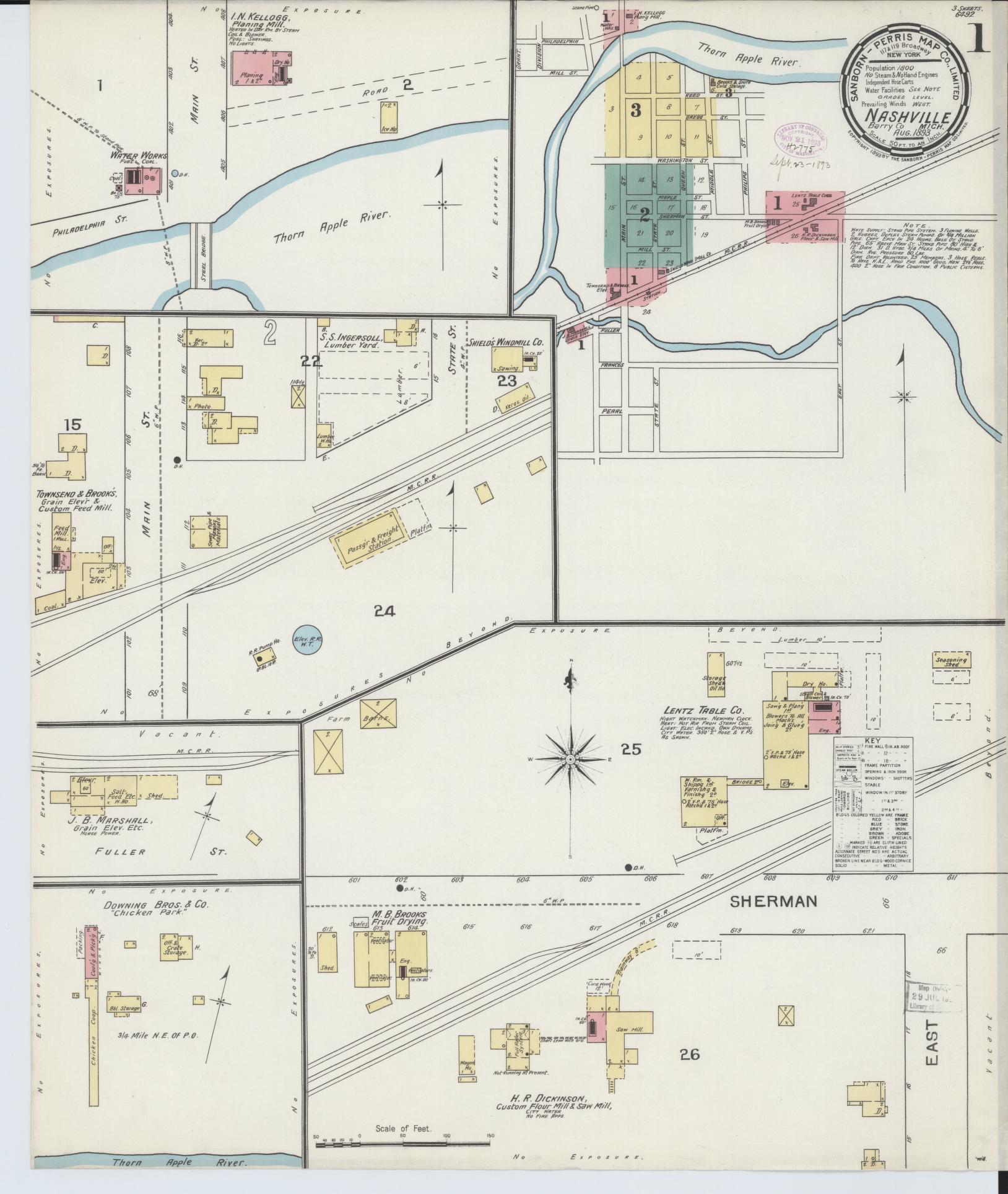 Sanborn Fire Insurance Map from Nashville, Barry County, Michigan (1893), Sheet #0001 - Complete Map Set gallery image, historic Sanborn map, vintage wall art, Michigan Michigan