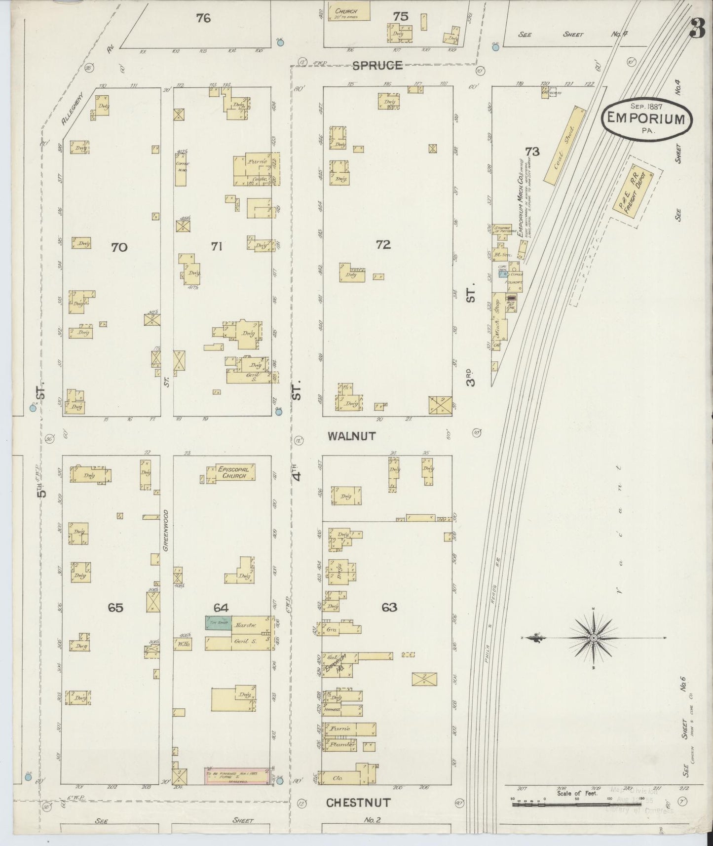 Sanborn Fire Insurance Map from Emporium, Cameron County, Pennsylvania (1887), Sheet #0003 - Historic Sanborn Fire Insurance Map Print, vintage old map wall art, antique decor, genealogy gift, Pennsylvania Pennsylvania map
