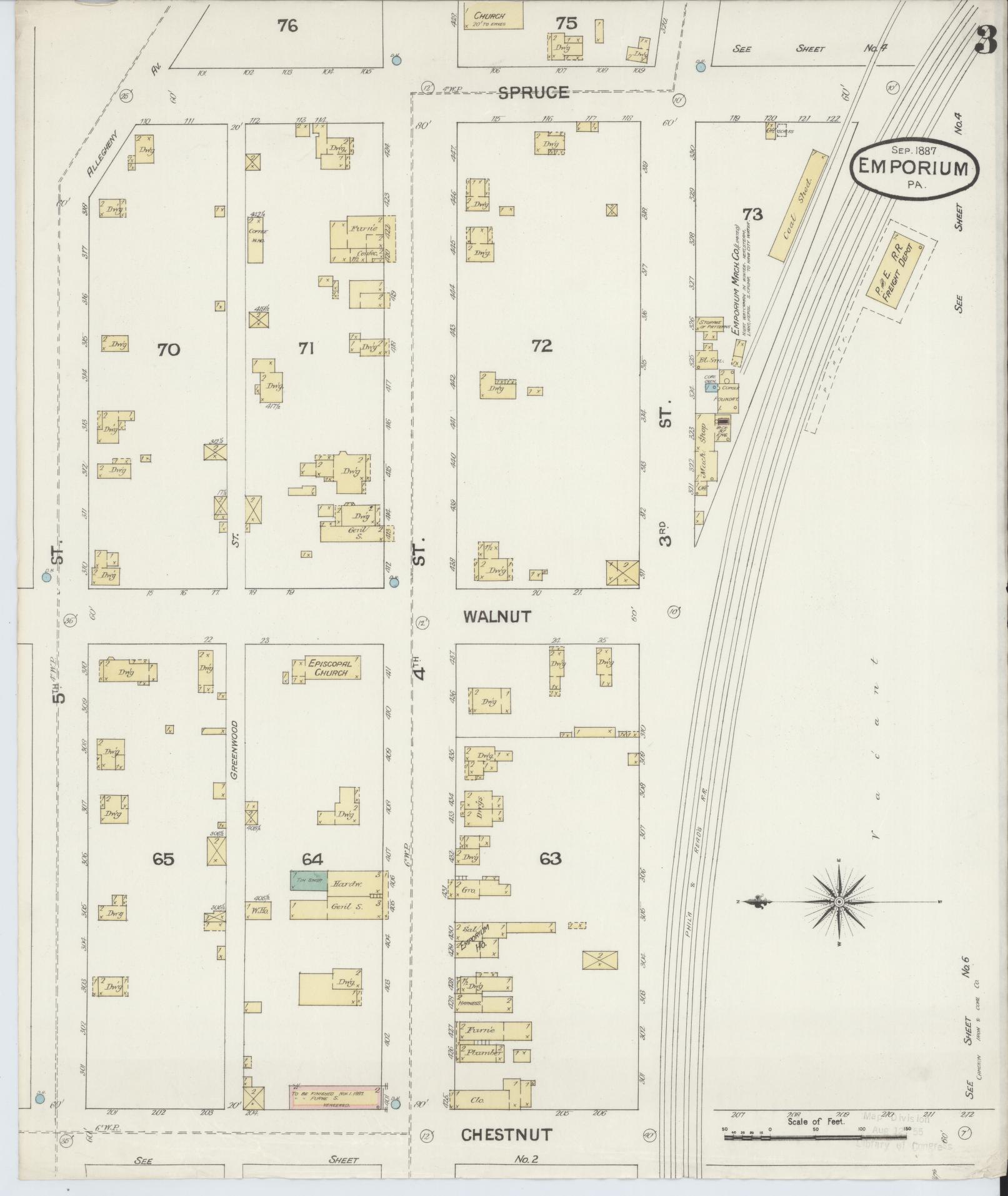 Sanborn Fire Insurance Map from Emporium, Cameron County, Pennsylvania (1887), Sheet #0003 - Historic Sanborn Fire Insurance Map Print, vintage old map wall art, antique decor, genealogy gift, Pennsylvania Pennsylvania map