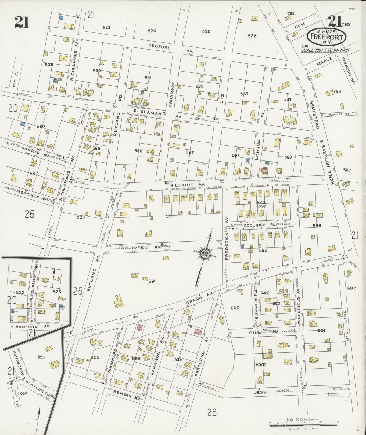 Sanborn Fire Insurance Map from Freeport, Nassau County, New York (1925), Sheet #0021 - Complete Map Set gallery image, historic Sanborn map, vintage wall art, New York New York