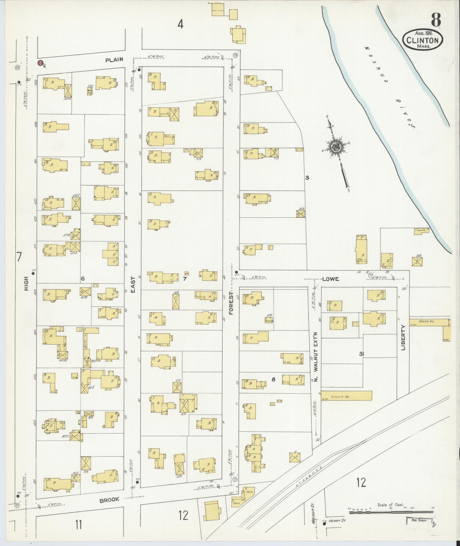 Sanborn Fire Insurance Map from Clinton, Worcester County, Massachusetts (1911), Sheet #0008 - Complete Map Set gallery image, historic Sanborn map, vintage wall art, Massachusetts Massachusetts