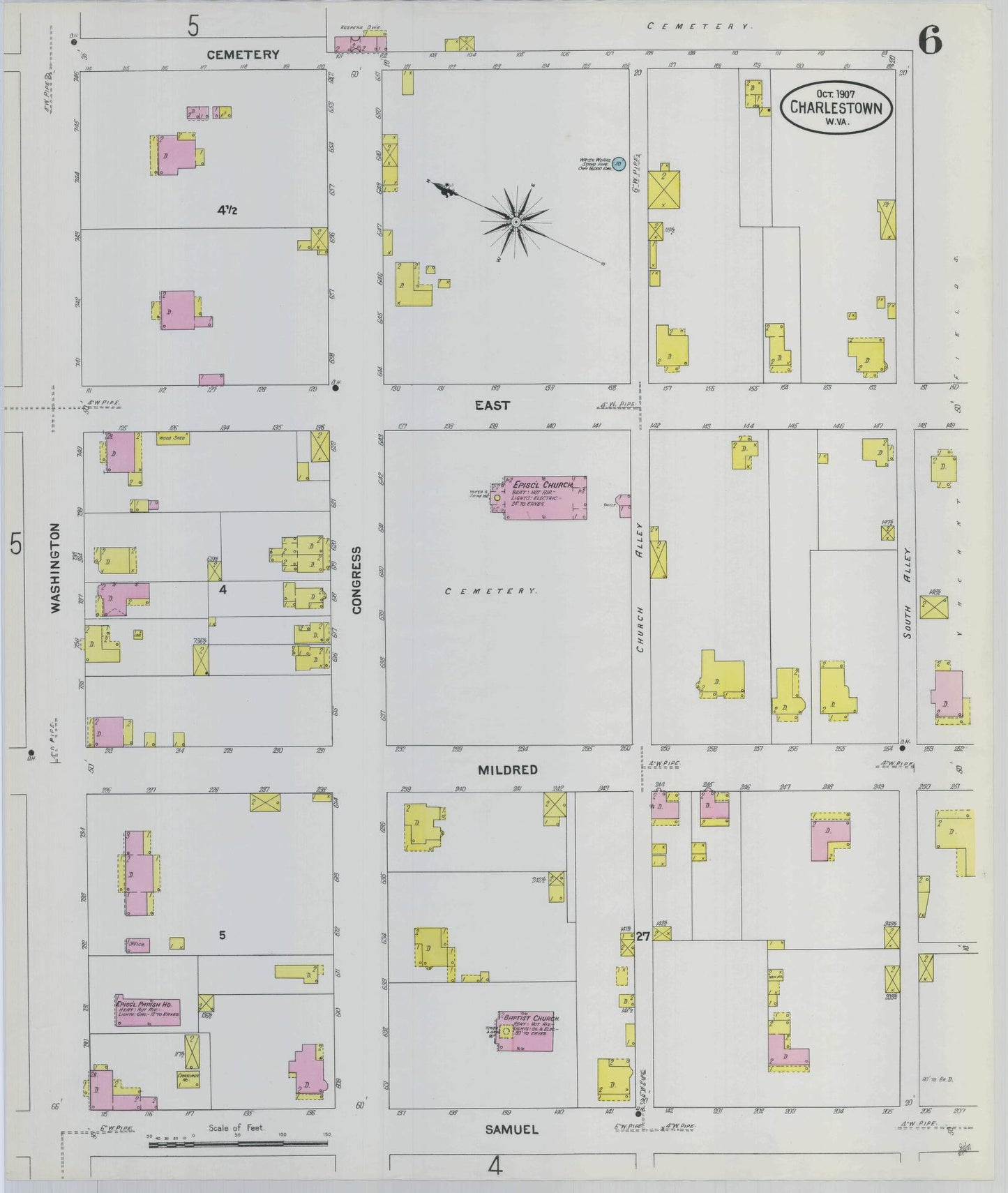 Sanborn Fire Insurance Map from Charles Town, Jefferson County, West Virginia (1907), Sheet #0006 - Complete Map Set gallery image, historic Sanborn map, vintage wall art, West Virginia West Virginia