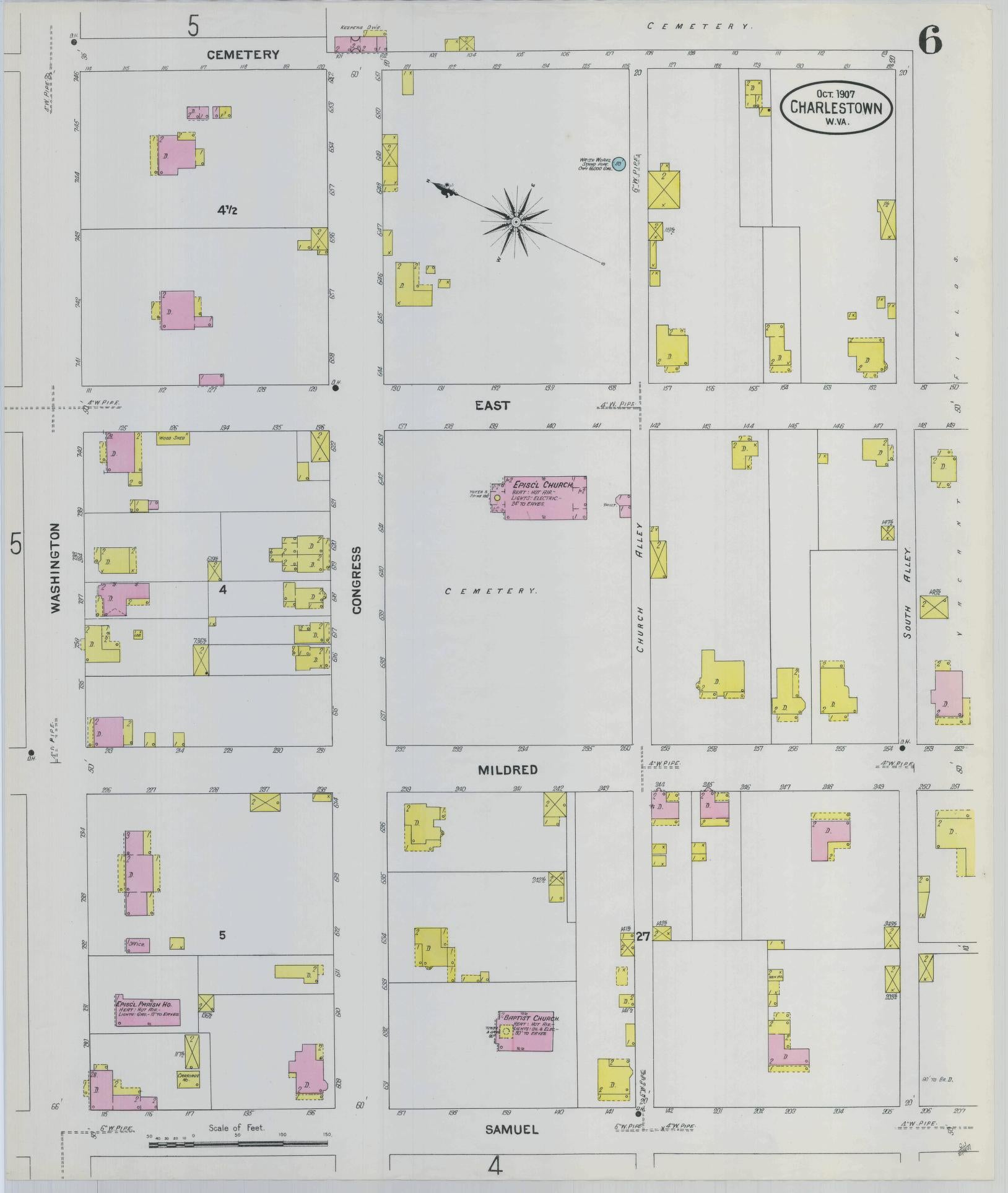 Sanborn Fire Insurance Map from Charles Town, Jefferson County, West Virginia (1907), Sheet #0006 - Complete Map Set gallery image, historic Sanborn map, vintage wall art, West Virginia West Virginia