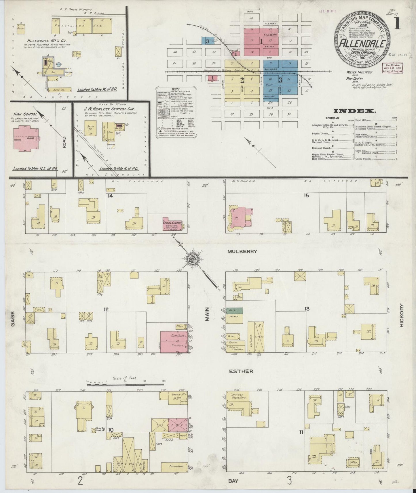 Sanborn Fire Insurance Map from Allendale, Allendale County, South Carolina (1910), Sheet #0001 - Complete Map Set gallery image, historic Sanborn map, vintage wall art, South Carolina South Carolina
