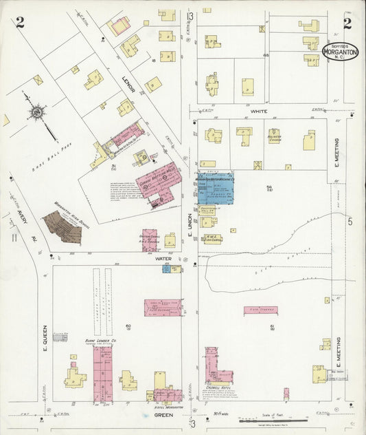 Sanborn Fire Insurance Map from Morganton, Burke County, North Carolina (1924), Sheet #0002 - Historic Sanborn Fire Insurance Map Print, vintage old map wall art, antique decor, genealogy gift, North Carolina North Carolina map