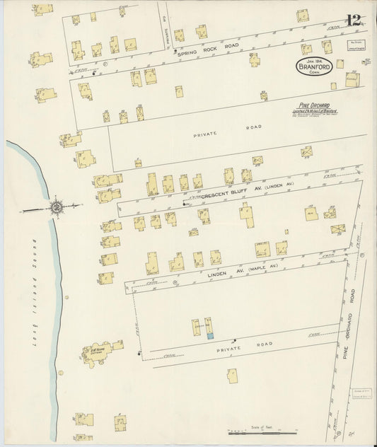 Sanborn Fire Insurance Map from Branford, New Haven County, Connecticut (1914), Sheet #0012 - Historic Sanborn Fire Insurance Map Print, vintage old map wall art, antique decor, genealogy gift, Connecticut Connecticut map