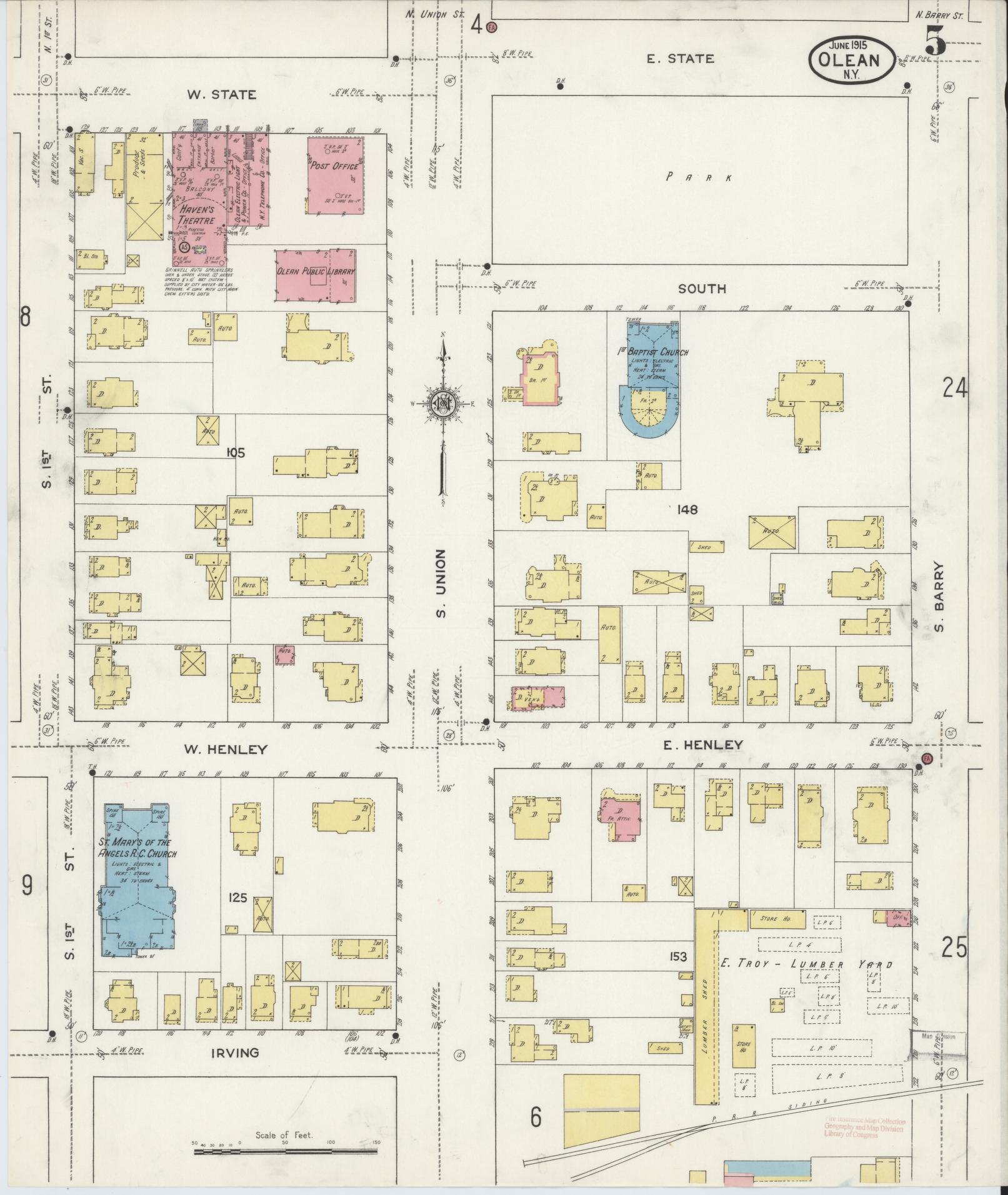 Sanborn Fire Insurance Map from Olean, Cattaraugus County, New York (1915), Sheet #0005 - Complete Map Set gallery image, historic Sanborn map, vintage wall art, New York New York