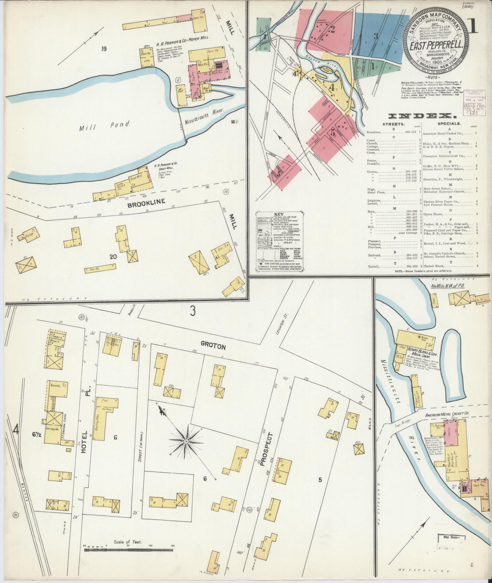Sanborn Fire Insurance Map from East Pepperell, Middlesex County, Massachusetts (1903), Sheet #0001 - Historic Sanborn Fire Insurance Map Print, vintage old map wall art, antique decor, genealogy gift, Massachusetts Massachusetts map