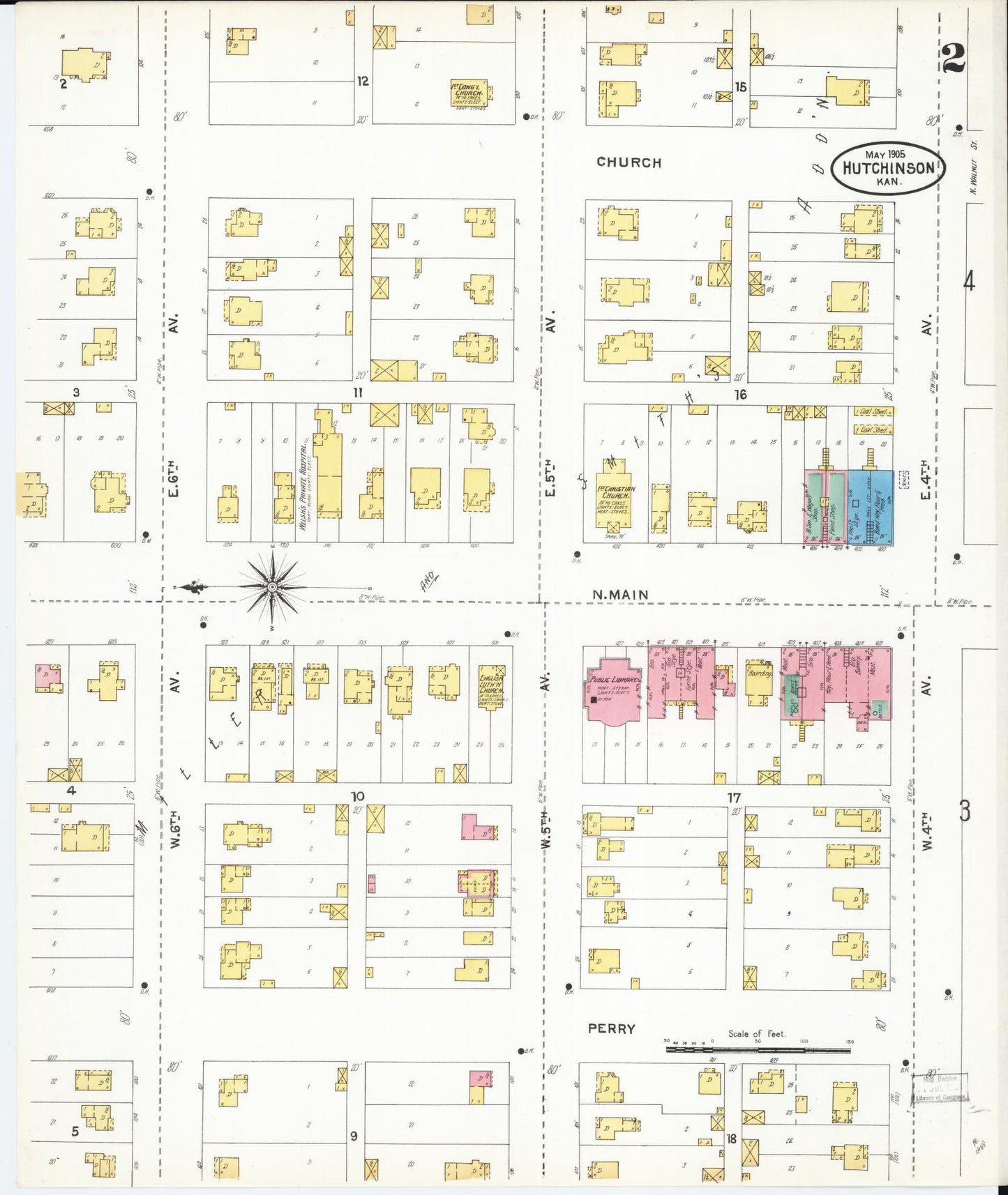 Sanborn Fire Insurance Map from Hutchinson, Reno County, Kansas (1905), Sheet #0002 - Complete Map Set gallery image, historic Sanborn map, vintage wall art, Kansas Kansas
