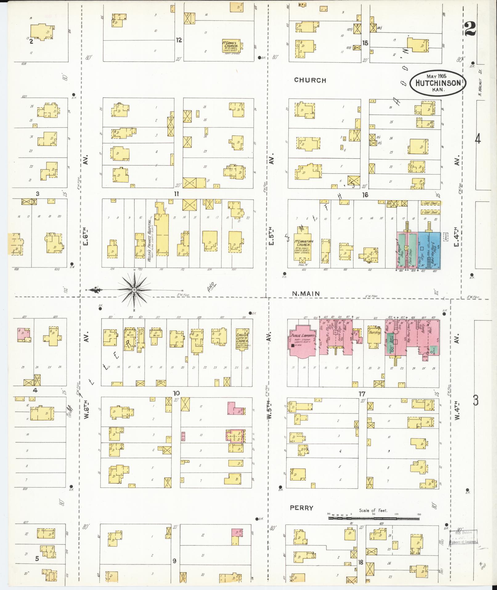 Sanborn Fire Insurance Map from Hutchinson, Reno County, Kansas (1905), Sheet #0002 - Complete Map Set gallery image, historic Sanborn map, vintage wall art, Kansas Kansas