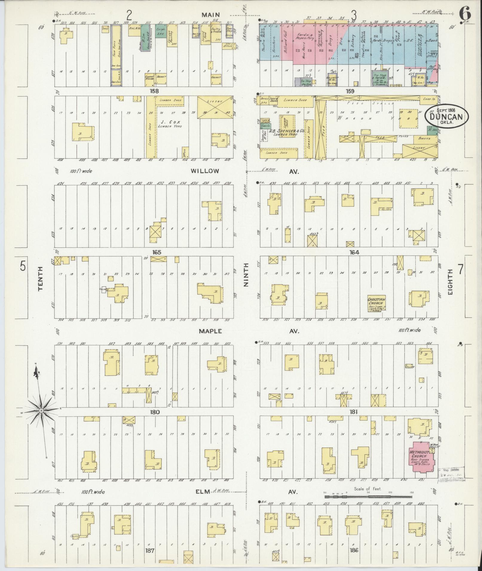Sanborn Fire Insurance Map from Duncan, Stephens County, Oklahoma (1908), Sheet #0006 - Historic Sanborn Fire Insurance Map Print, vintage old map wall art, antique decor, genealogy gift, Oklahoma Oklahoma map