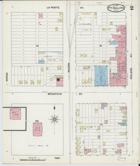 Sanborn Fire Insurance Map from Fort Collins, Larimer County, Colorado (1891), Sheet #0002 - Historic Sanborn Fire Insurance Map Print, vintage old map wall art, antique decor, genealogy gift, Colorado Colorado map