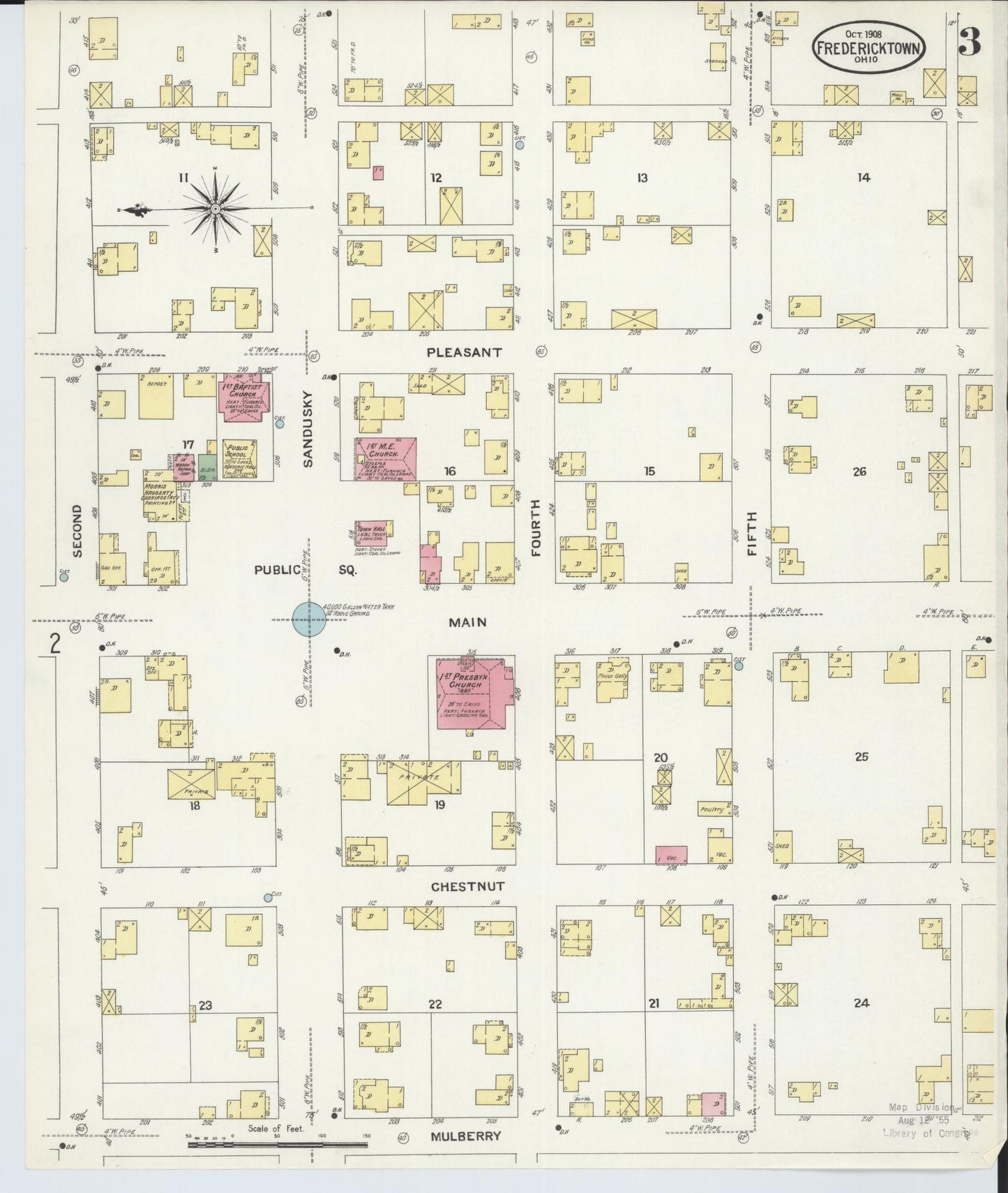 Sanborn Fire Insurance Map from Fredericktown, Knox County, Ohio (1908), Sheet #0003 - Historic Sanborn Fire Insurance Map Print, vintage old map wall art, antique decor, genealogy gift, Ohio Ohio map