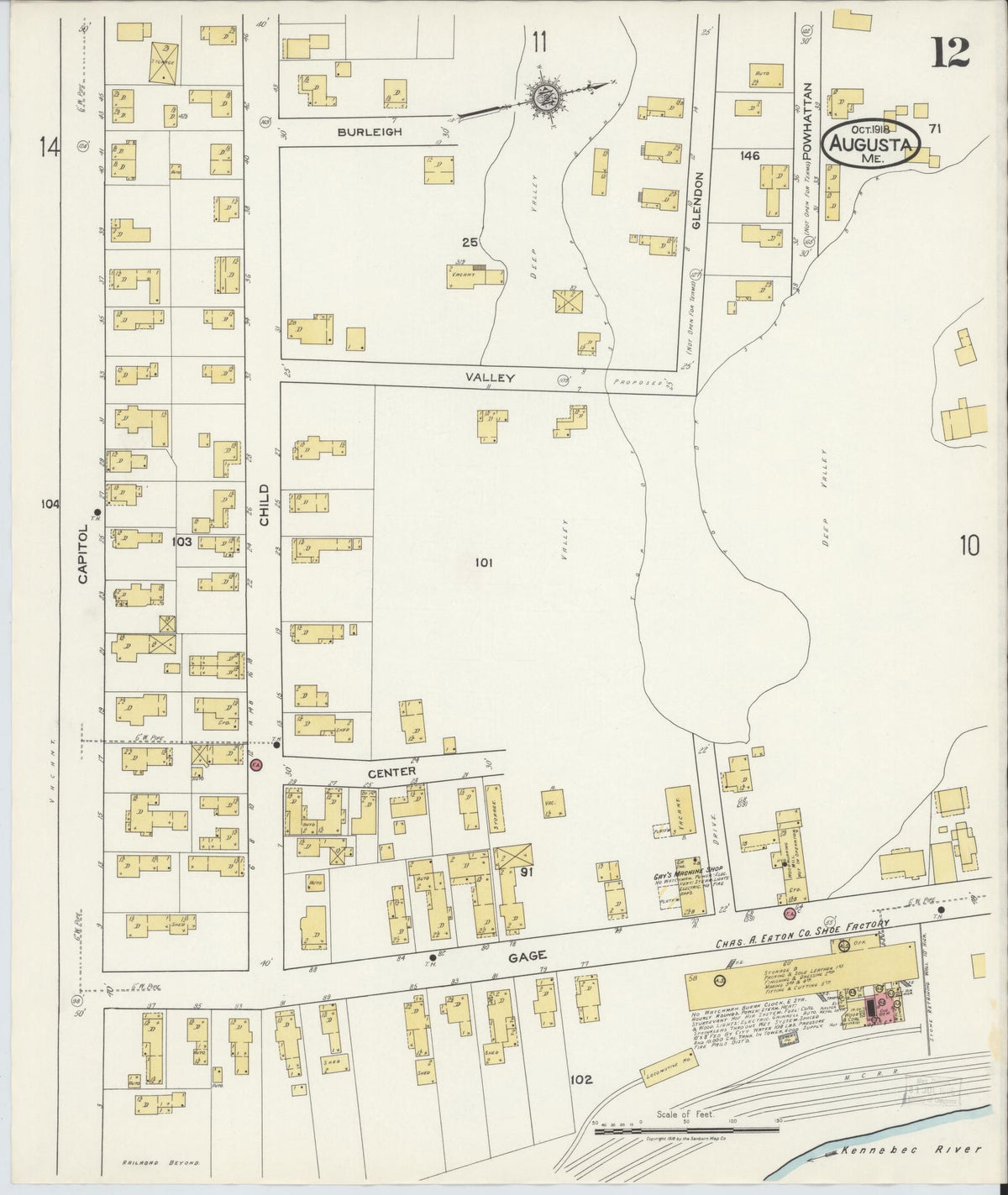 Sanborn Fire Insurance Map from Augusta, Kennebec County, Maine (1918), Sheet #0012 - Complete Map Set gallery image, historic Sanborn map, vintage wall art, Maine Maine