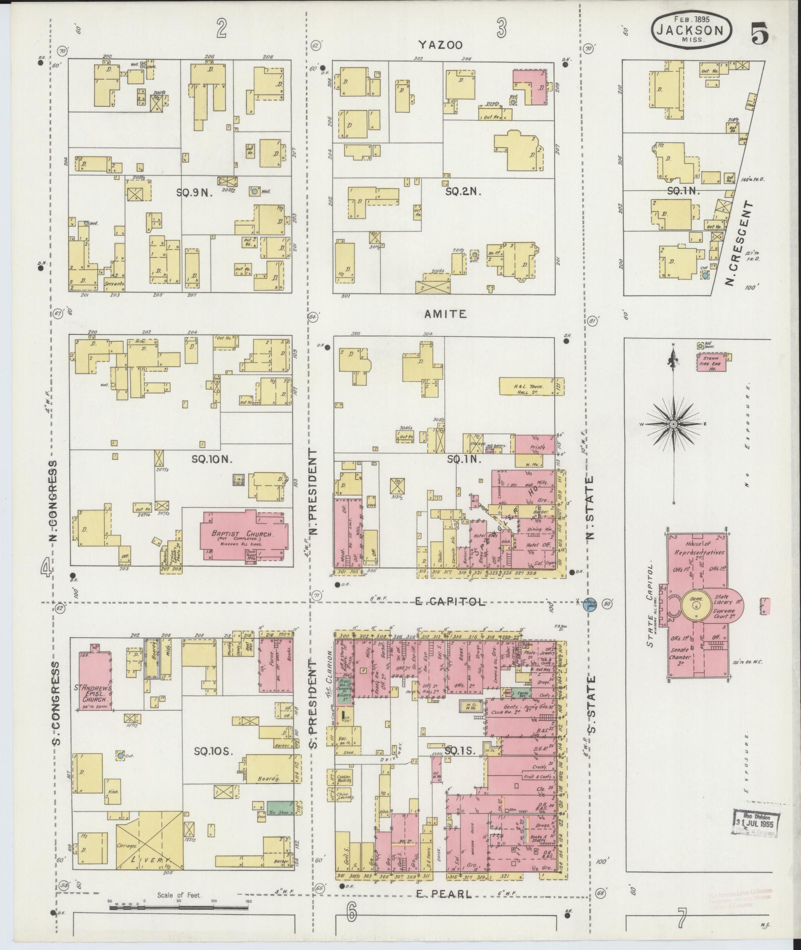 Sanborn Fire Insurance Map from Jackson, Hinds County, Mississippi (1895), Sheet #0005 - Historic Sanborn Fire Insurance Map Print, vintage old map wall art, antique decor, genealogy gift, Mississippi Mississippi map