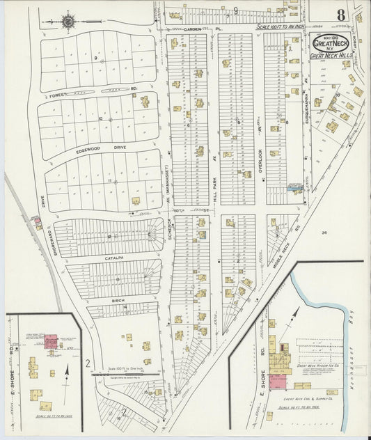 Sanborn Fire Insurance Map from Great Neck, Nassau County, New York (1919), Sheet #0008 - Historic Sanborn Fire Insurance Map Print, vintage old map wall art, antique decor, genealogy gift, New York New York map