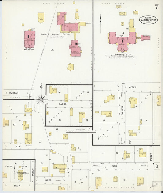Sanborn Fire Insurance Map from Arkadelphia, Clark County, Arkansas (1908), Sheet #0007 - Historic Sanborn Fire Insurance Map Print, vintage old map wall art, antique decor, genealogy gift, Arkansas Arkansas map