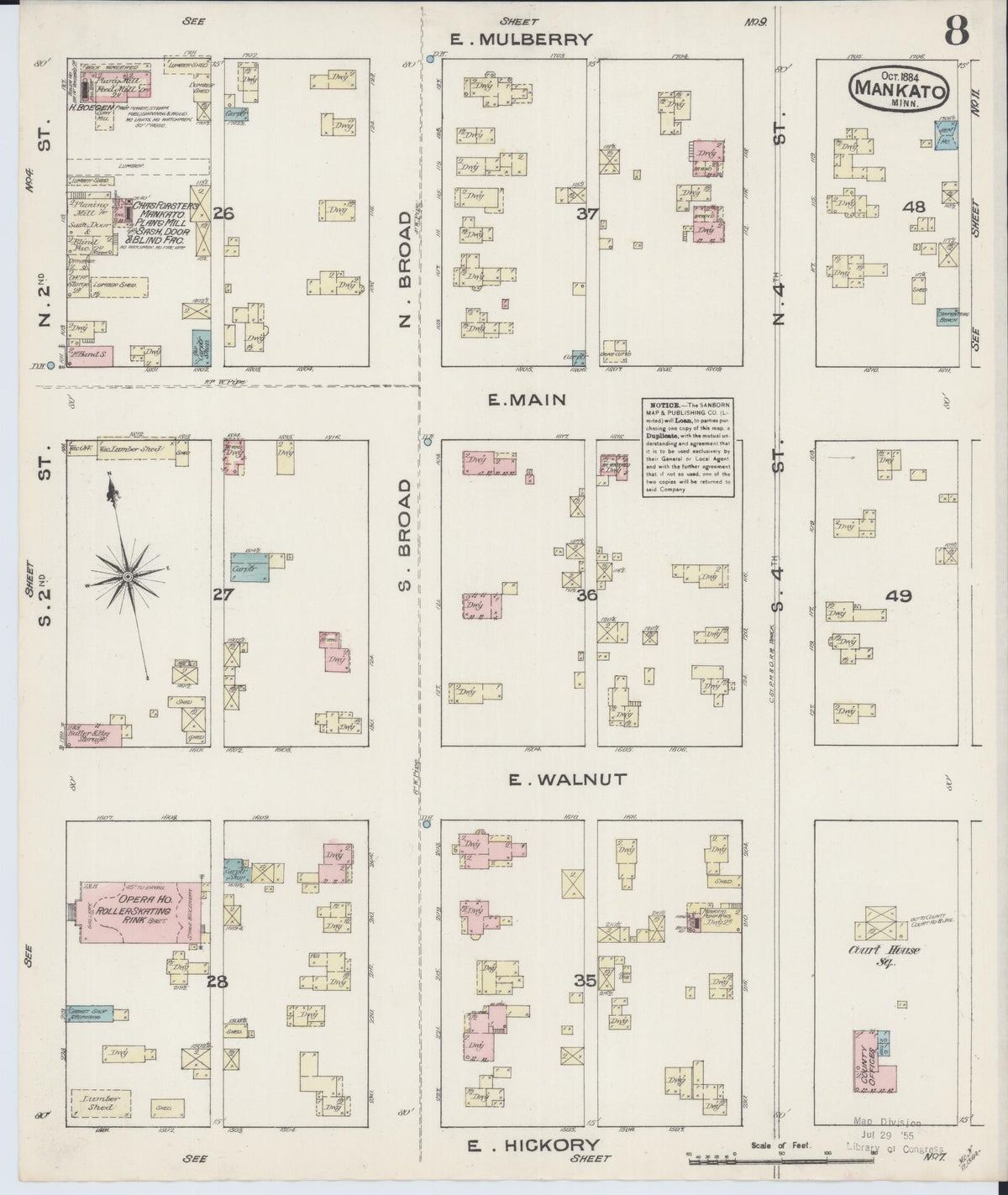 Sanborn Fire Insurance Map from Mankato, Blue Earth County, Minnesota (1884), Sheet #0008 - Historic Sanborn Fire Insurance Map Print, vintage old map wall art, antique decor, genealogy gift, Minnesota Minnesota map