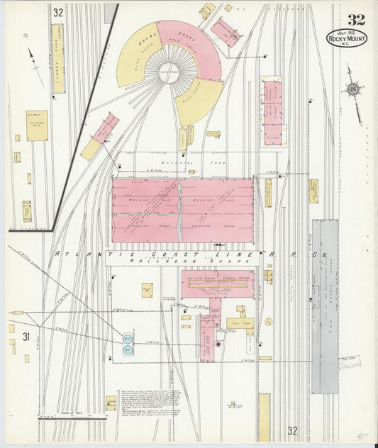Sanborn Fire Insurance Map from Rocky Mount, Edgecombe And Nash Counties, North Carolina (1912), Sheet #0032 - Historic Sanborn Fire Insurance Map Print, vintage old map wall art, antique decor, genealogy gift, North Carolina North Carolina map