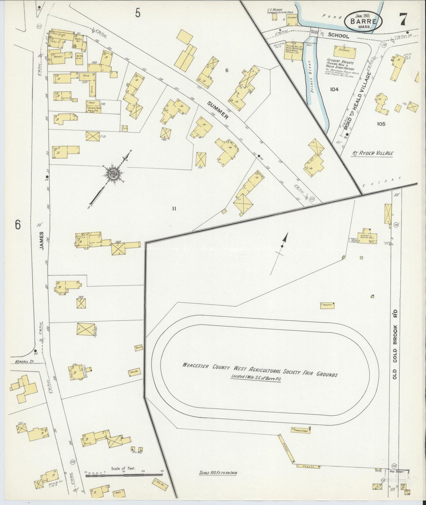 Sanborn Fire Insurance Map from Barre, Worcester County, Massachusetts (1911), Sheet #0007 - Complete Map Set gallery image, historic Sanborn map, vintage wall art, Massachusetts Massachusetts