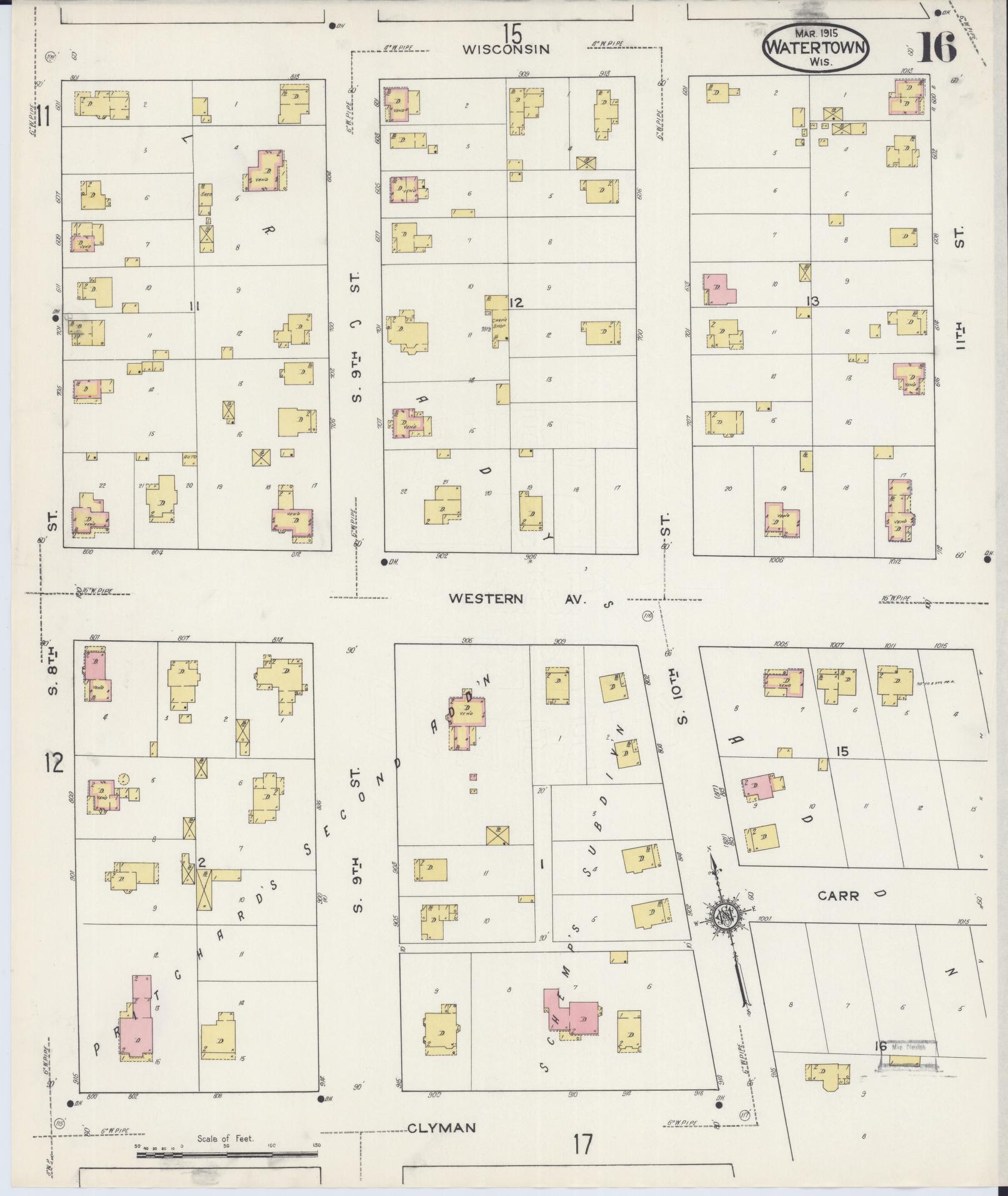 Sanborn Fire Insurance Map from Watertown, Jefferson County, Wisconsin (1915), Sheet #0017 - Historic Sanborn Fire Insurance Map Print, vintage old map wall art, antique decor, genealogy gift, Wisconsin Wisconsin map