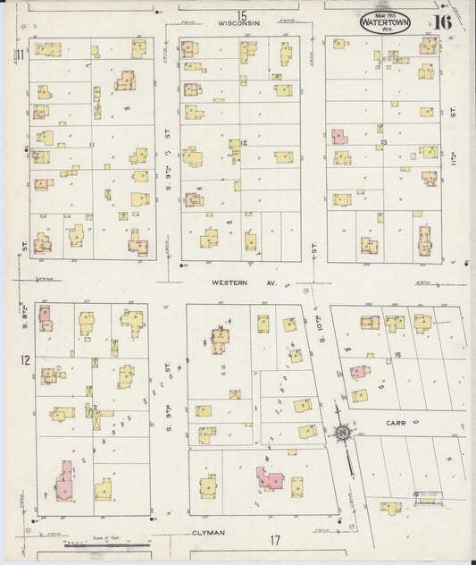 Sanborn Fire Insurance Map from Watertown, Jefferson County, Wisconsin (1915), Sheet #0017 - Historic Sanborn Fire Insurance Map Print, vintage old map wall art, antique decor, genealogy gift, Wisconsin Wisconsin map