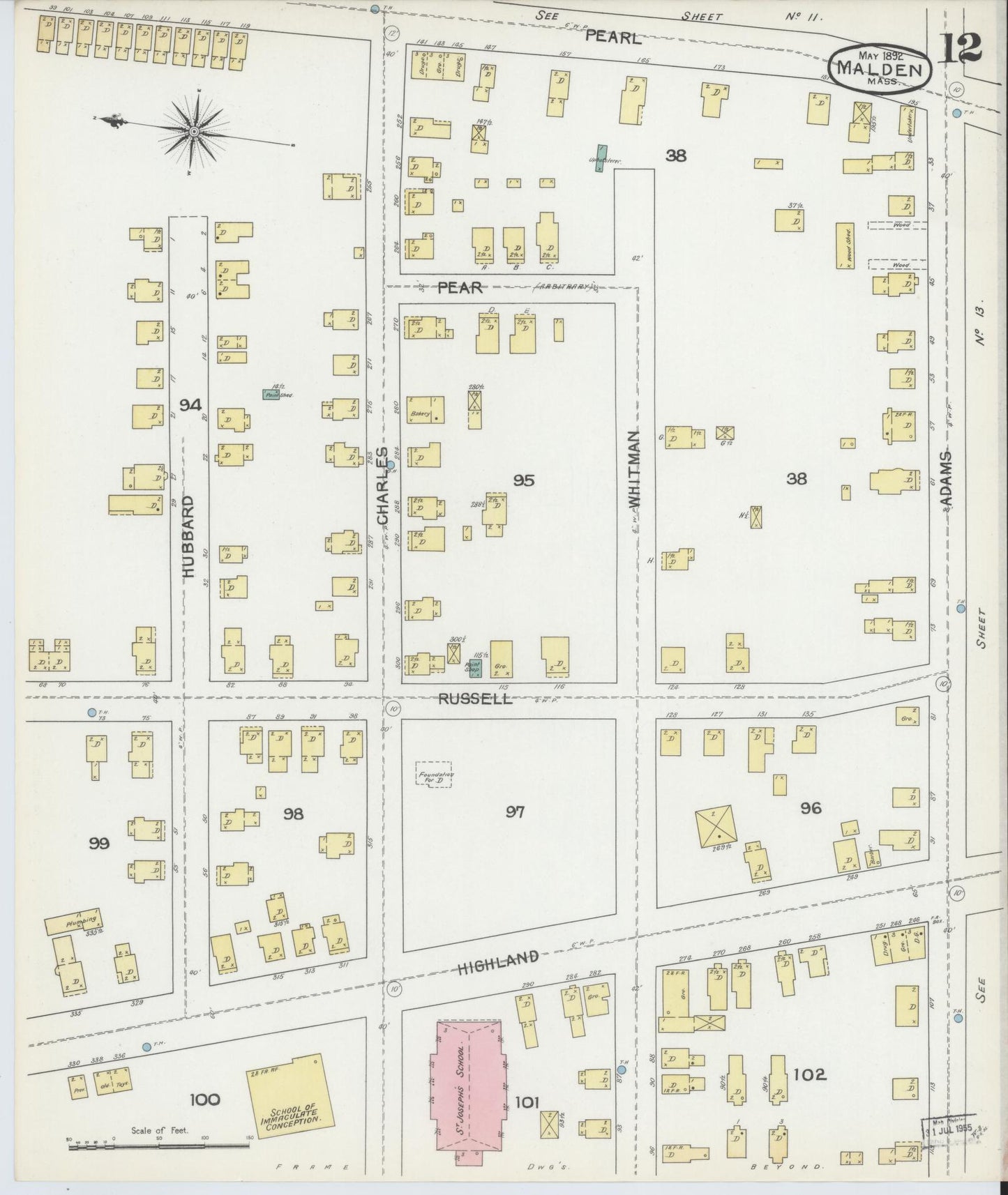 Sanborn Fire Insurance Map from Malden, Middlesex County, Massachusetts (1892), Sheet #0012 - Historic Sanborn Fire Insurance Map Print, vintage old map wall art, antique decor, genealogy gift, Massachusetts Massachusetts map