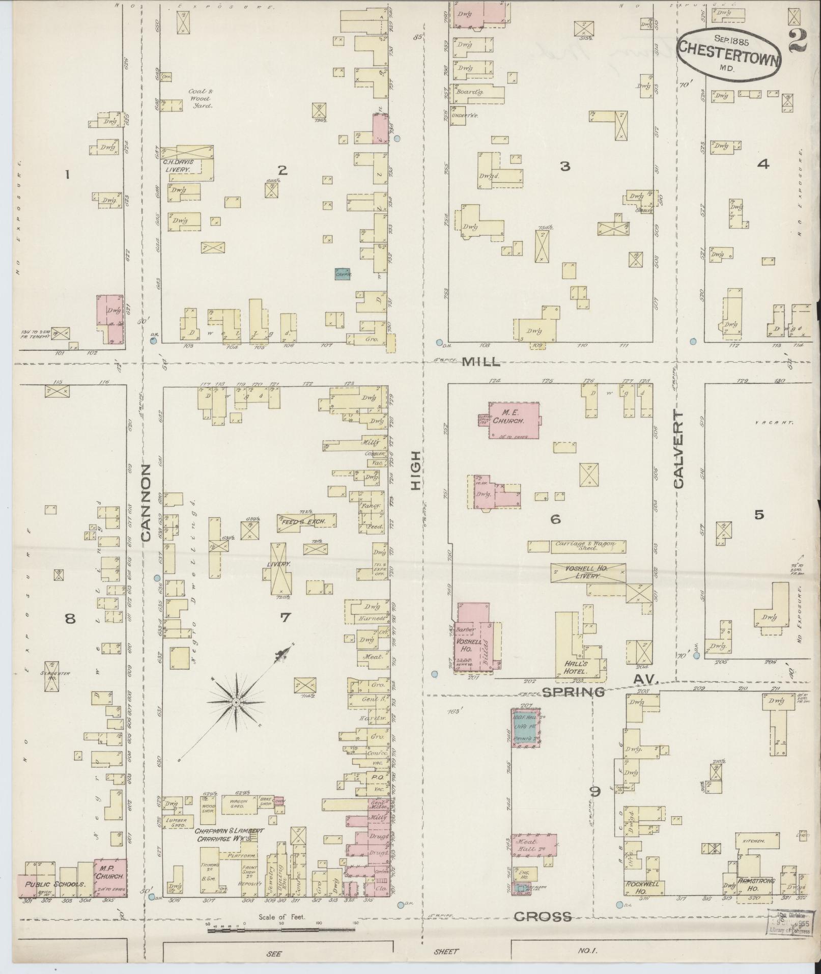 Sanborn Fire Insurance Map from Chestertown, Kent County, Maryland (1885), Sheet #0002 - Complete Map Set gallery image, historic Sanborn map, vintage wall art, Maryland Maryland