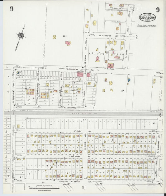 Sanborn Fire Insurance Map from Dearborn, Wayne County, Michigan (1924), Sheet #0009 - Historic Sanborn Fire Insurance Map Print, vintage old map wall art, antique decor, genealogy gift, Michigan Michigan map