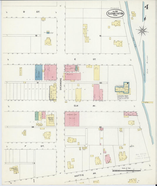 Sanborn Fire Insurance Map from Elizabethton, Carter County, Tennessee (1908), Sheet #0004 - Historic Sanborn Fire Insurance Map Print, vintage old map wall art, antique decor, genealogy gift, Tennessee Tennessee map