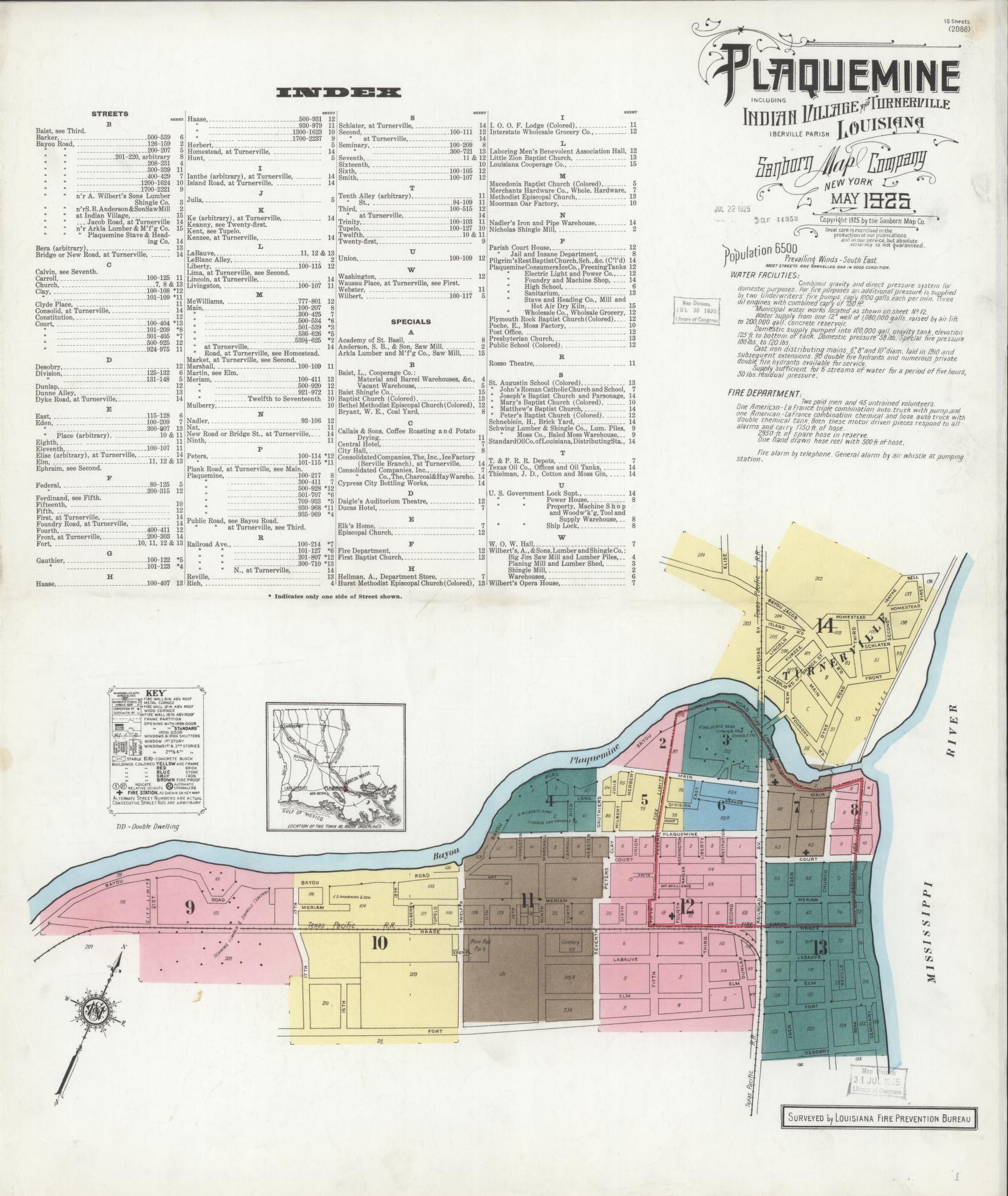 Sanborn Fire Insurance Map from Plaquemine, Iberville Parish, Louisiana. (1925) – Historic Sanborn Fire Insurance Map Print