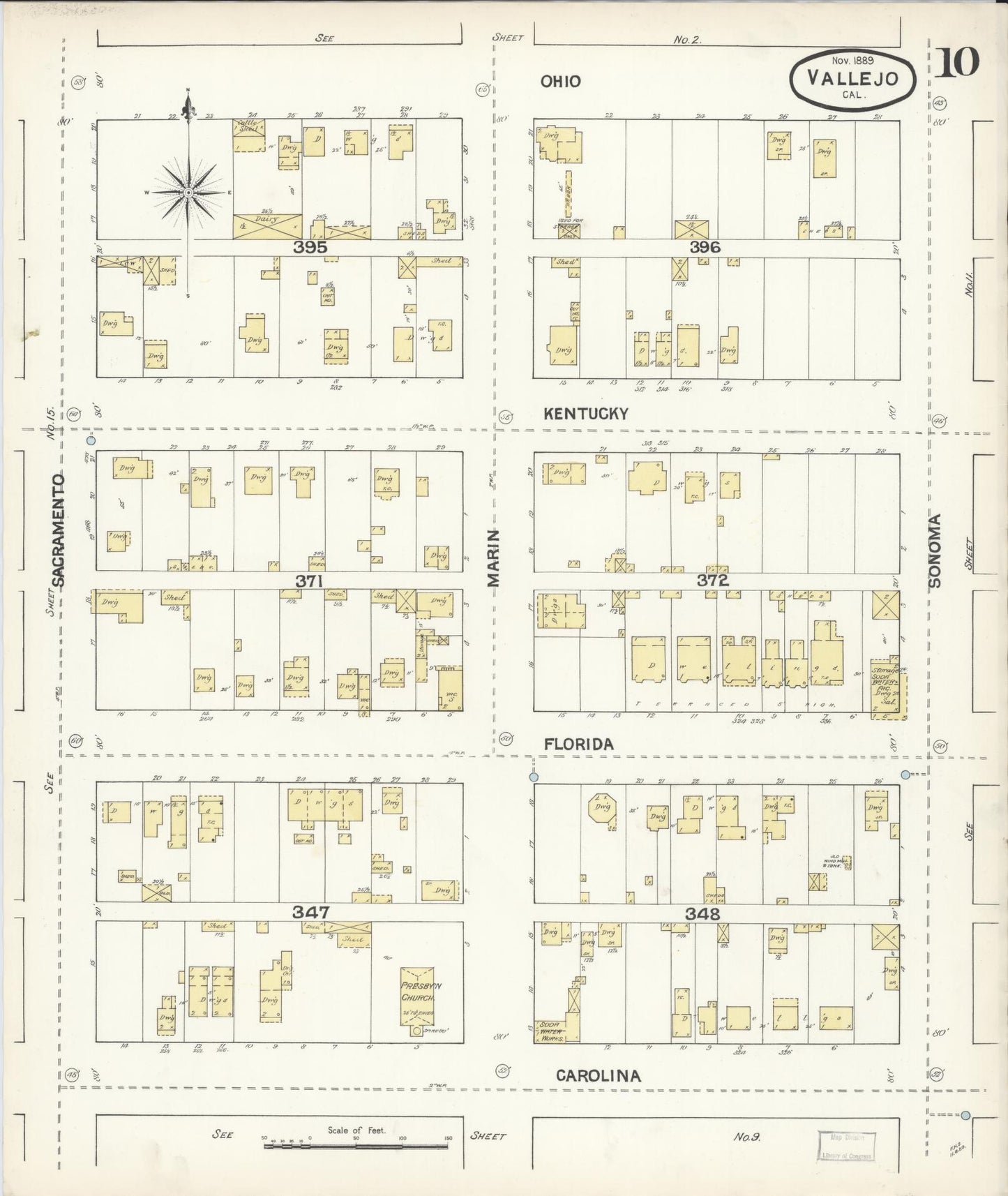 Sanborn Fire Insurance Map from Vallejo, Solano County, California (1889), Sheet #0010 - Complete Map Set gallery image, historic Sanborn map, vintage wall art, California California