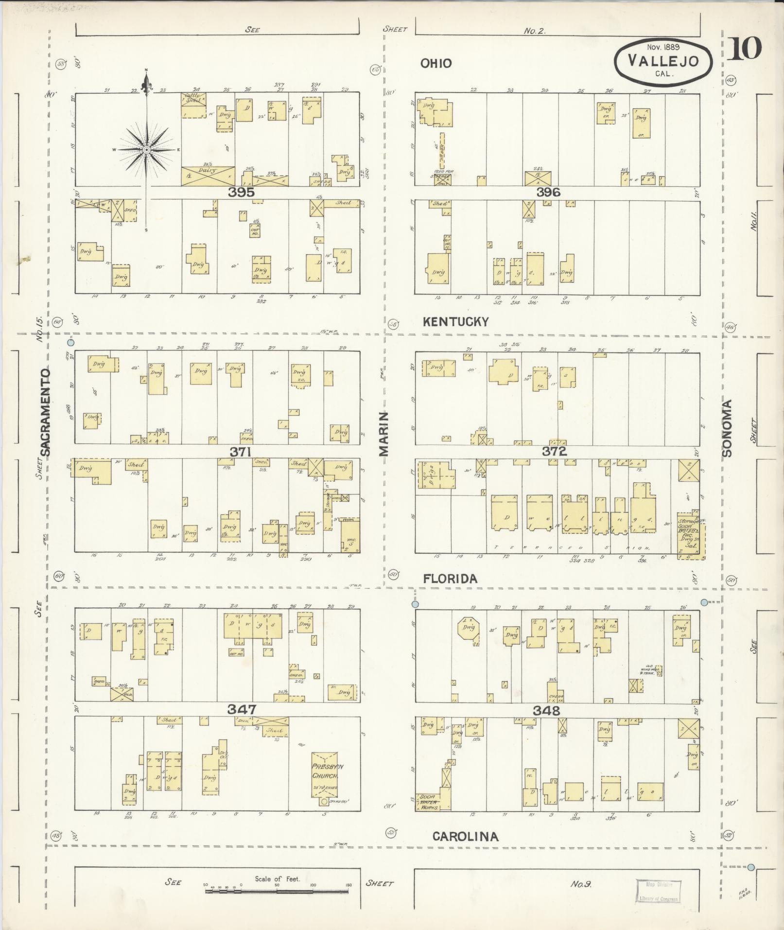 Sanborn Fire Insurance Map from Vallejo, Solano County, California (1889), Sheet #0010 - Complete Map Set gallery image, historic Sanborn map, vintage wall art, California California