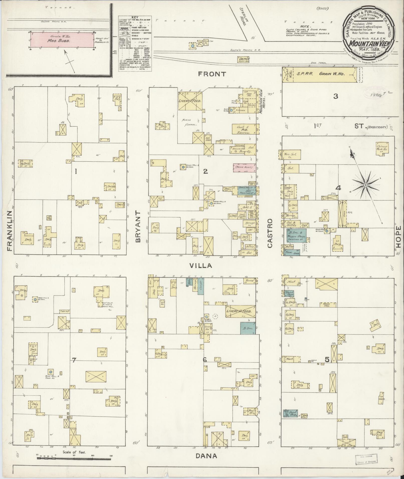 Sanborn Fire Insurance Map from Mountain View, Santa Clara County, California (1888), Sheet #0001 - Historic Sanborn Fire Insurance Map Print, vintage old map wall art, antique decor, genealogy gift, California California map