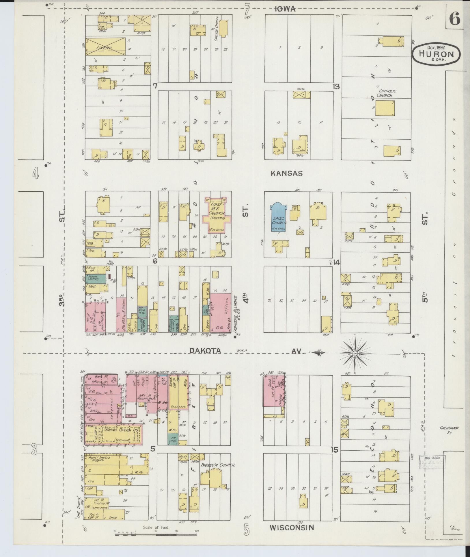 Sanborn Fire Insurance Map from Huron, Beadle County, South Dakota (1892), Sheet #0006 - Complete Map Set gallery image, historic Sanborn map, vintage wall art, South Dakota South Dakota