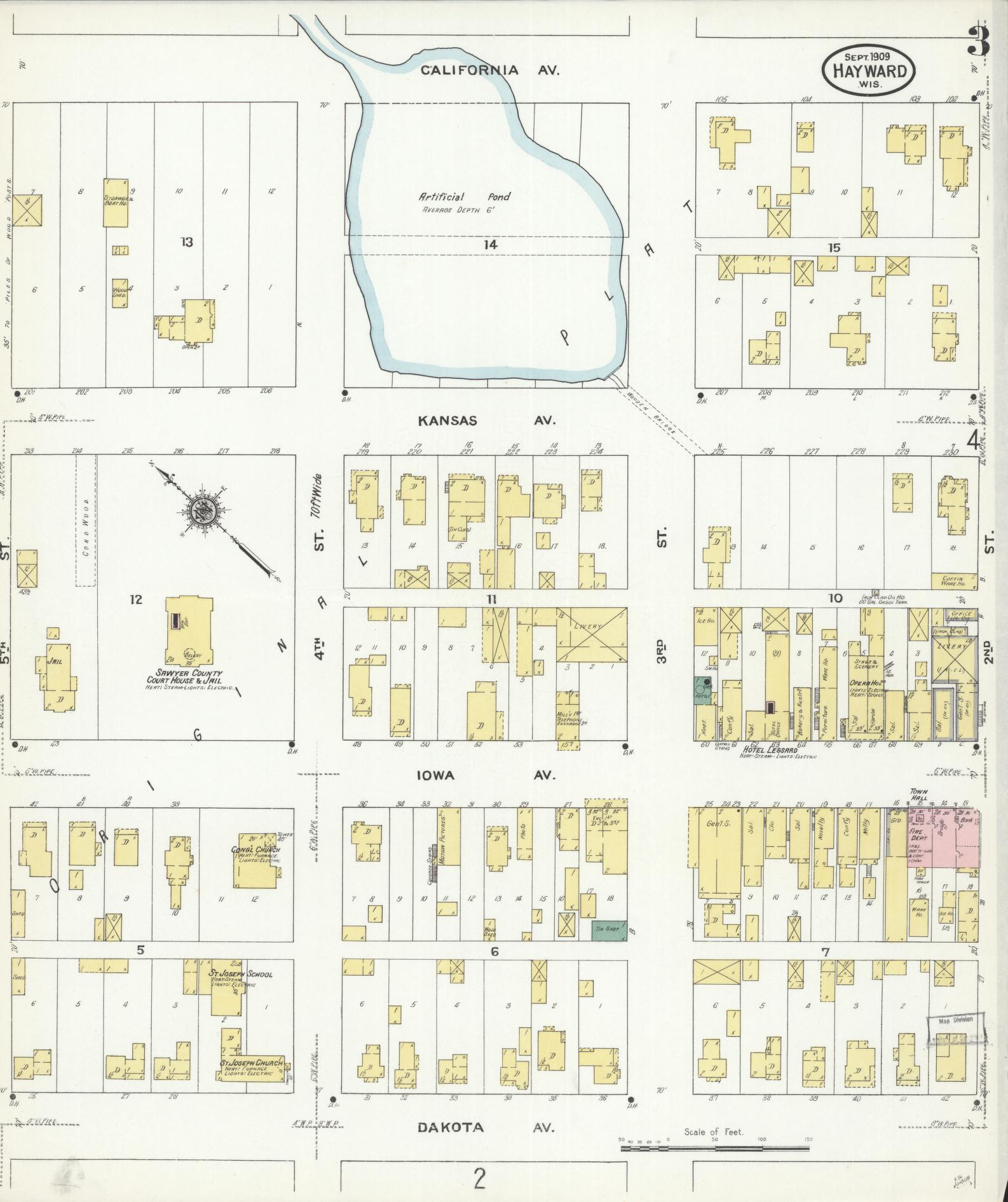 Sanborn Fire Insurance Map from Hayward, Sawyer County, Wisconsin (1909), Sheet #0003 - Historic Sanborn Fire Insurance Map Print, vintage old map wall art, antique decor, genealogy gift, Wisconsin Wisconsin map