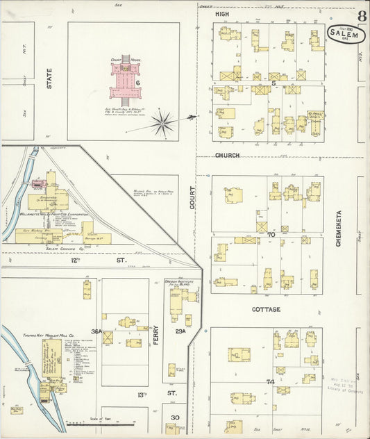 Sanborn Fire Insurance Map from Salem, Marion County, Oregon (1890), Sheet #0008 - Historic Sanborn Fire Insurance Map Print, vintage old map wall art, antique decor, genealogy gift, Oregon Oregon map