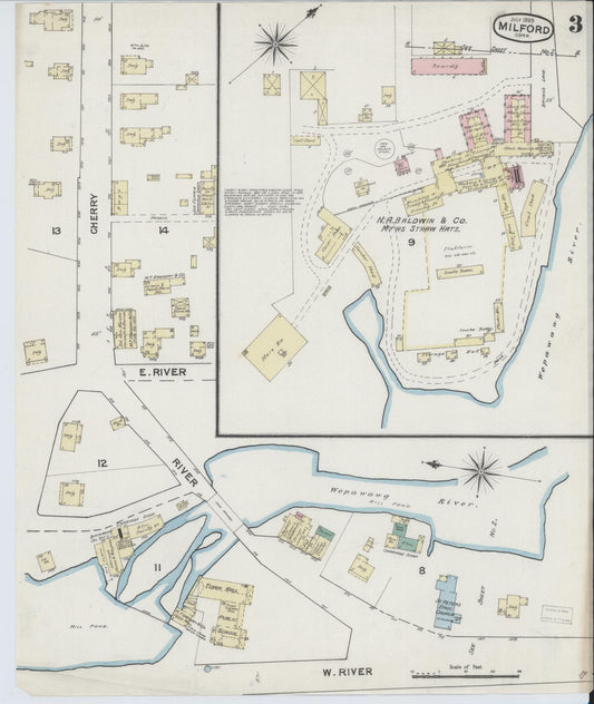 Sanborn Fire Insurance Map from Milford, New Haven County, Connecticut (1889), Sheet #0003 - Historic Sanborn Fire Insurance Map Print, vintage old map wall art, antique decor, genealogy gift, Connecticut Connecticut map