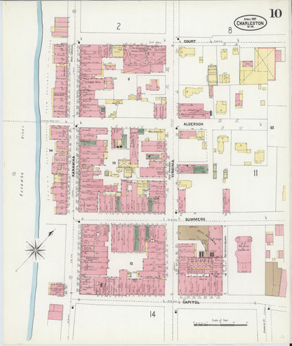 Sanborn Fire Insurance Map from Charleston, Kanawha County, West Virginia (1907), Sheet #0010 - Complete Map Set gallery image, historic Sanborn map, vintage wall art, West Virginia West Virginia